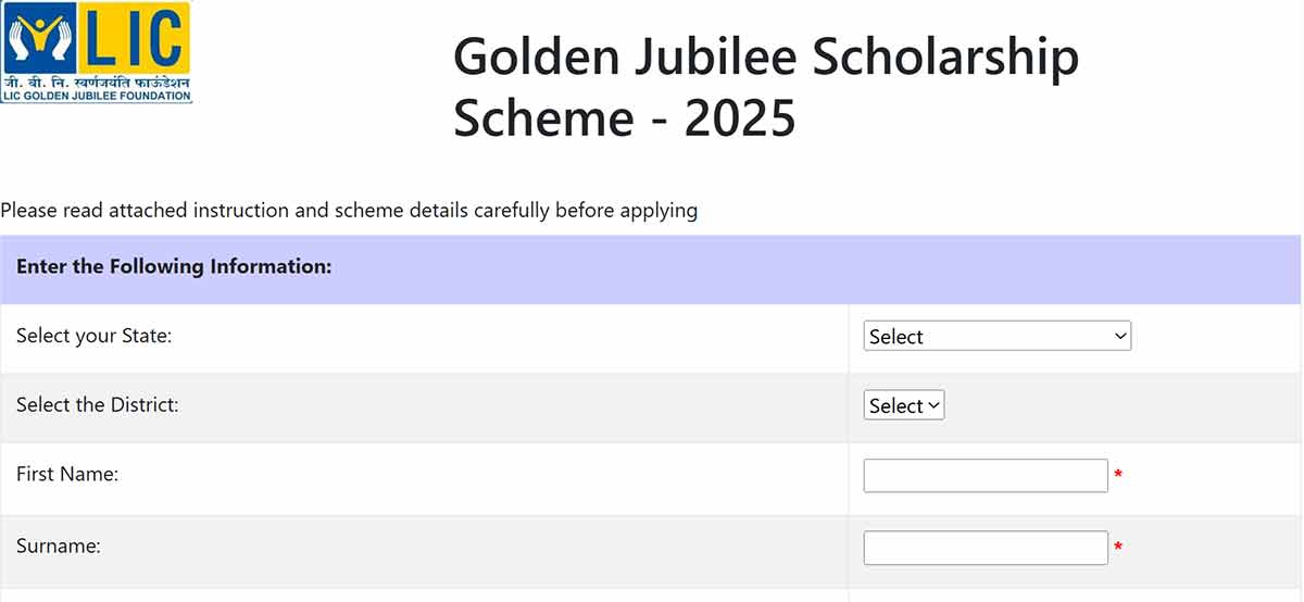 LIC Golden Jubilee Scholarship 2025 Online Application Official Website @licindia.in