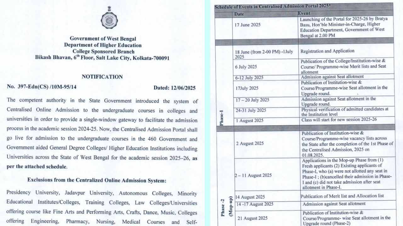 WBCAP Westbengal College Admission 2025 Official Notice Link